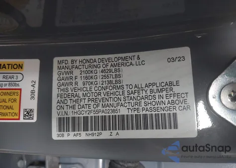 2023 Honda Accord Hybrid Sport from USA, damaged, VIN 1HGCY2F55PA023851